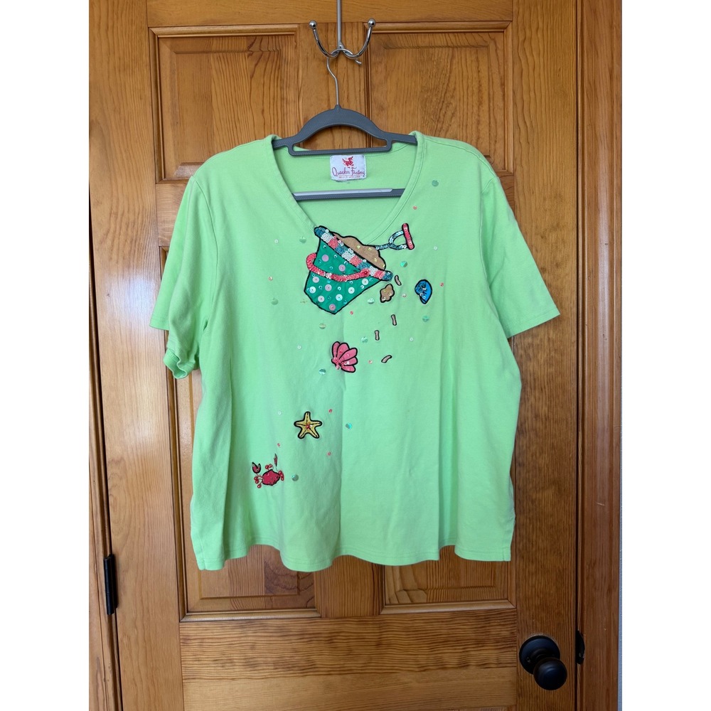 Quacker Factory Womens Lime Green Sequin Beach Sand Bucket V-Neck T-Shirt Top